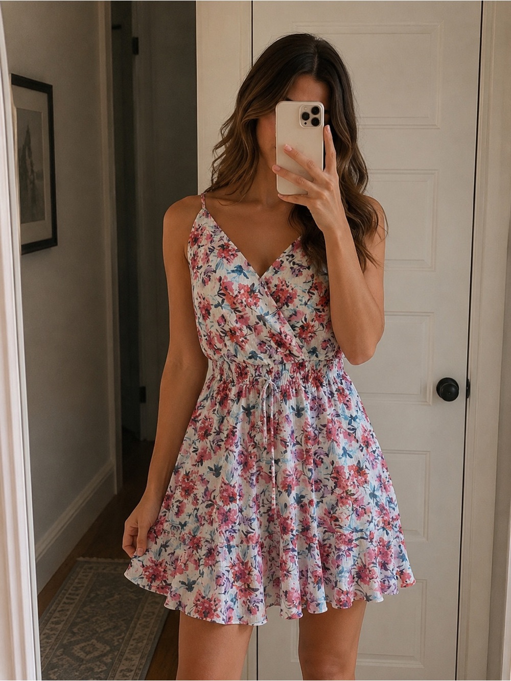 Francesca's Collections Pink Floral V-Neck Mini Dress